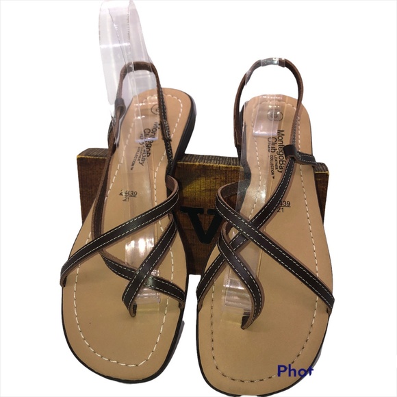Montego Bay Club Brown Leather Flat Strappy Thong Toe Sandals Size 8 - Picture 3 of 13